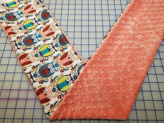 Weighted Neck Wrap, Owl Print with Coral Minky, 32x7 Inches, 3 to 6 Pounds, Weighted Shoulder Wrap, Minky Adult Weighted Neck Wrap