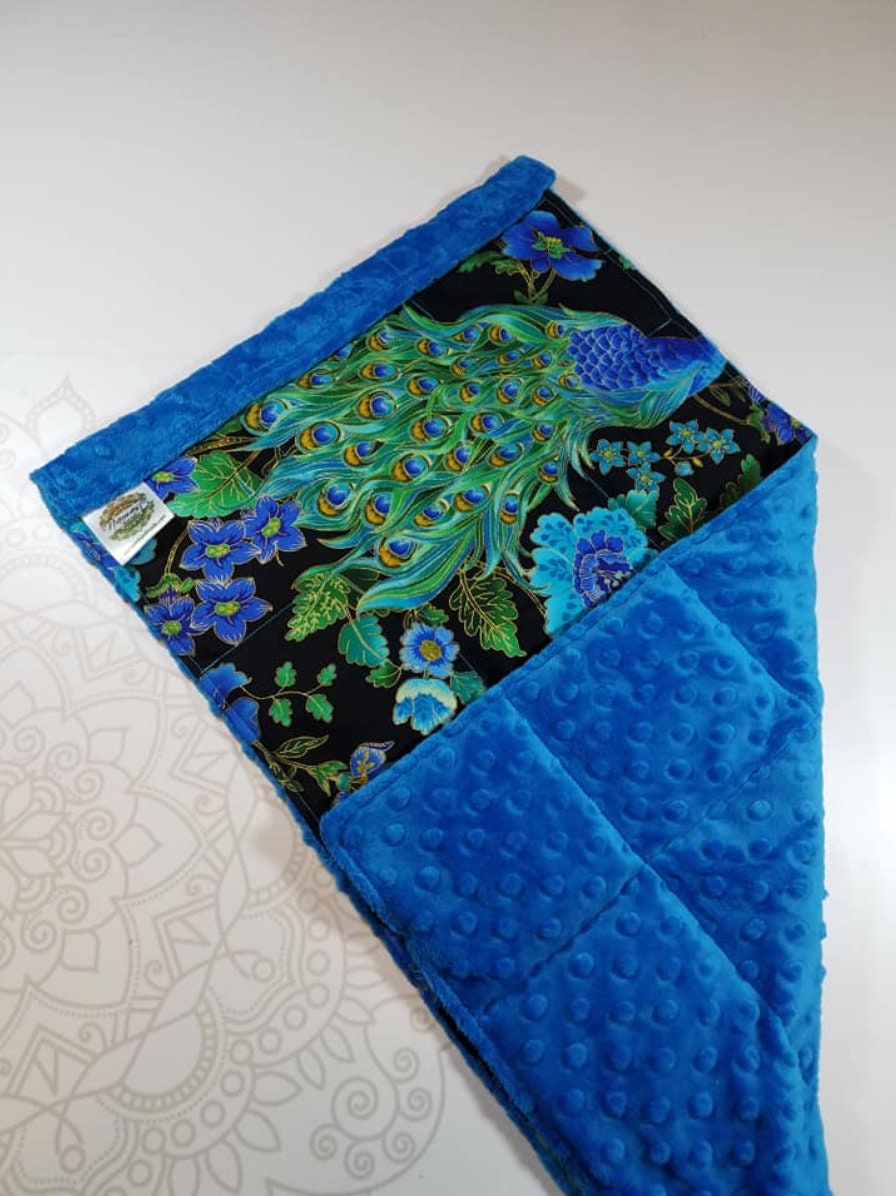 READY TO SHIP, Peacock Front, Blue Minky Back, Lap Pad/Weighted Blanket