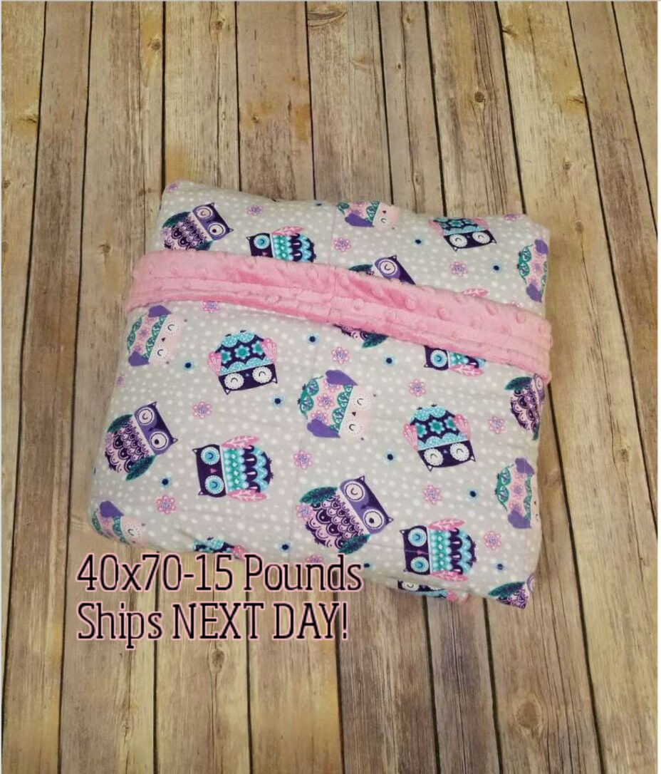 Weighted Blanket, 15 Pound, Owl, Pink Minky, 40x70, READY TO SHIP, Twin