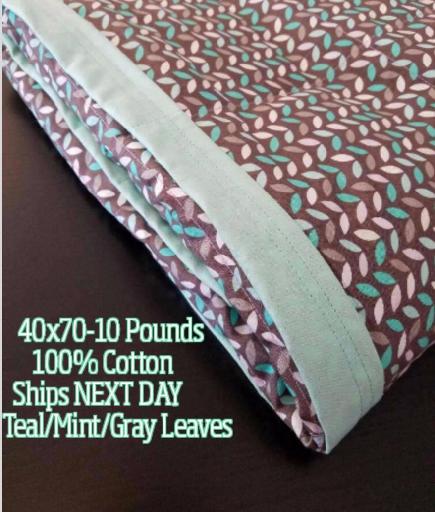 Weighted Blanket, 10 Pound, Teal, Gray, Mint, Leaves, 40x70, READY TO