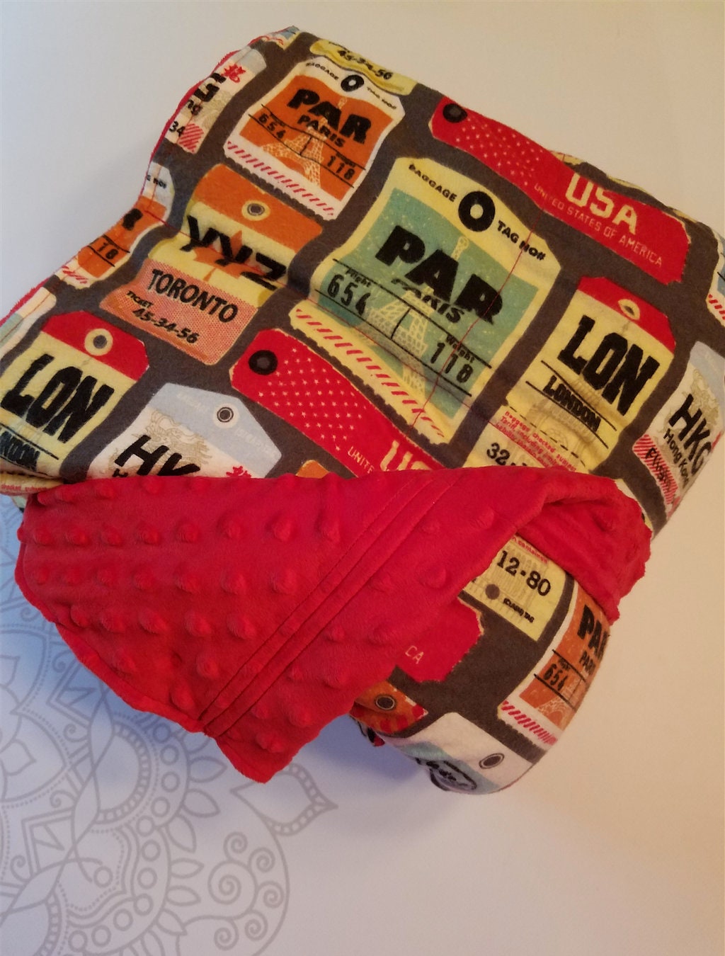 READY to SHIP, Weighted Blanket, 40x7020 Pounds, Luggage Tag Flannel, Red Minky Back, Sensory