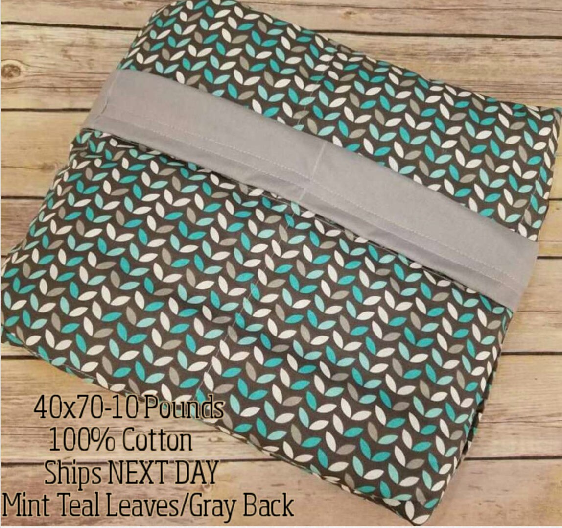 Weighted Blanket, 10 Pound, Mint Gray Leaves, Gray Back, 40x70, READY