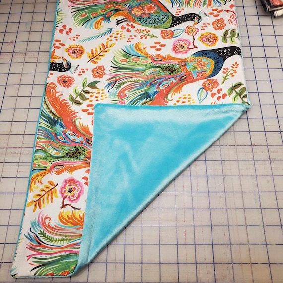 Weighted Lap Pad, Peacock Front with Teal Minky Back, 14x22 inches, 3 Pounds, Fidget Pad, Homework Pad, Sensory Companion