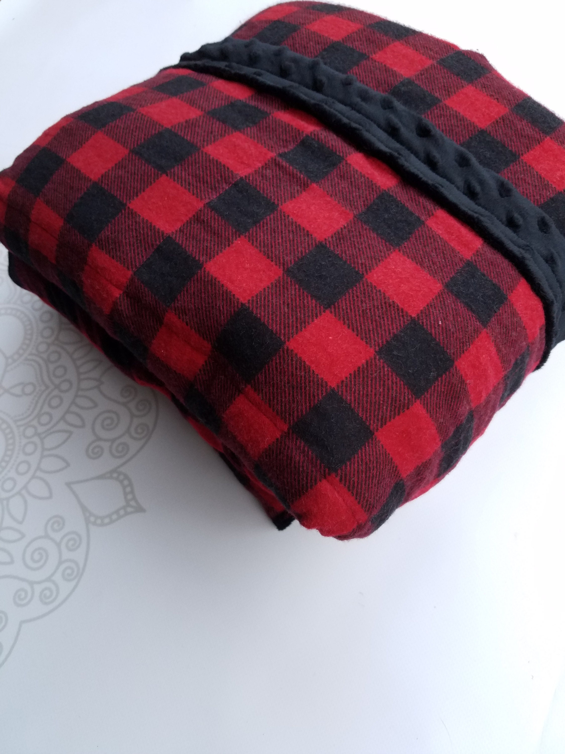 READY to SHIP, Weighted Blanket, 40x7015 Pounds, Red Buffalo Check Cotton Flannel, Black Minky