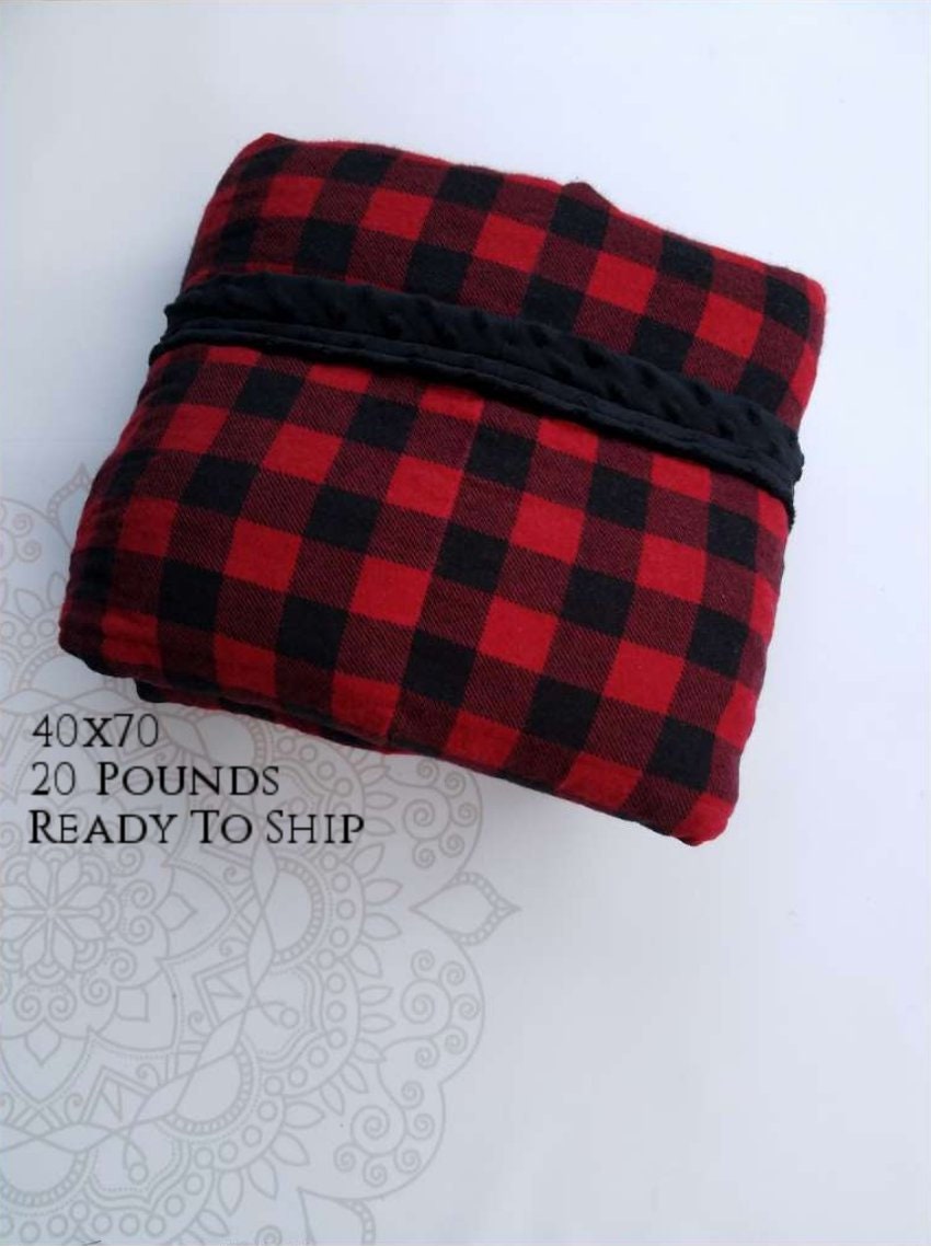 READY to SHIP, Weighted Blanket, 40x7020 Pounds, Red Buffalo Check Cotton Flannel, Black Minky