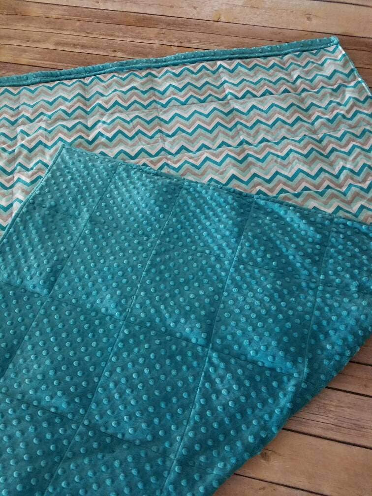 Weighted Blanket, 15 Pound, Teal Chevron, Teal Minky, 40x70, READY TO