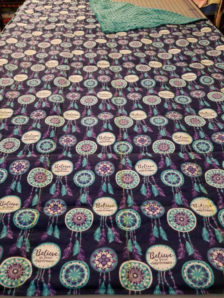 Weighted Blanket, 15 Pound, Dreamcatcher, Teal Minky, 40x60, READY TO