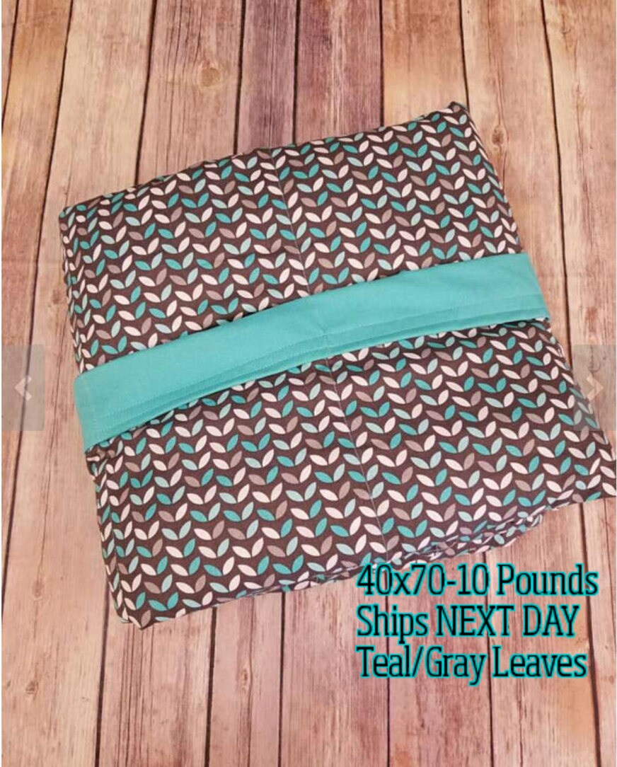 Weighted Blanket, 10 Pound, Mint Gray Leaves, Teal Back, 40x70, READY