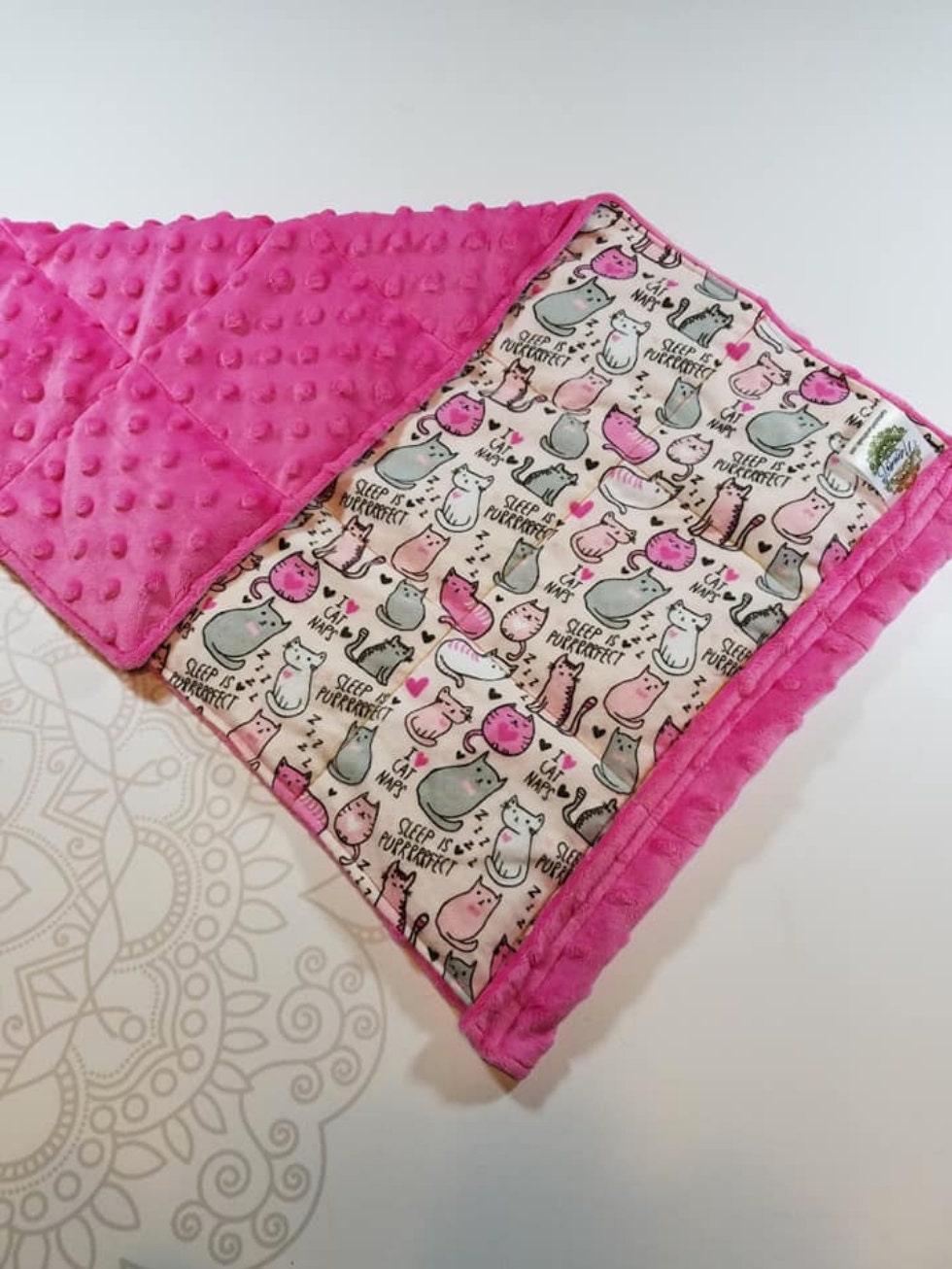 READY TO SHIP, Sleepy Cat Flannel Front, Hot Pink Minky Back, Lap Pad
