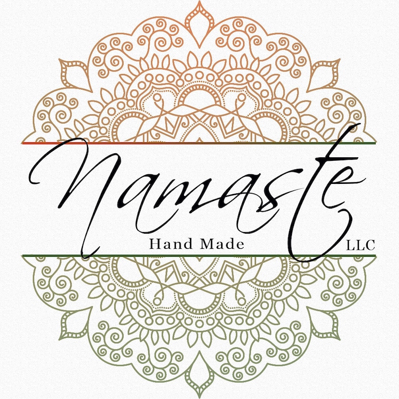 May include: A logo with a mandala design in shades of brown and green. The word "Namaste" is written in cursive script with the words "Hand Made" and "LLC" below it.