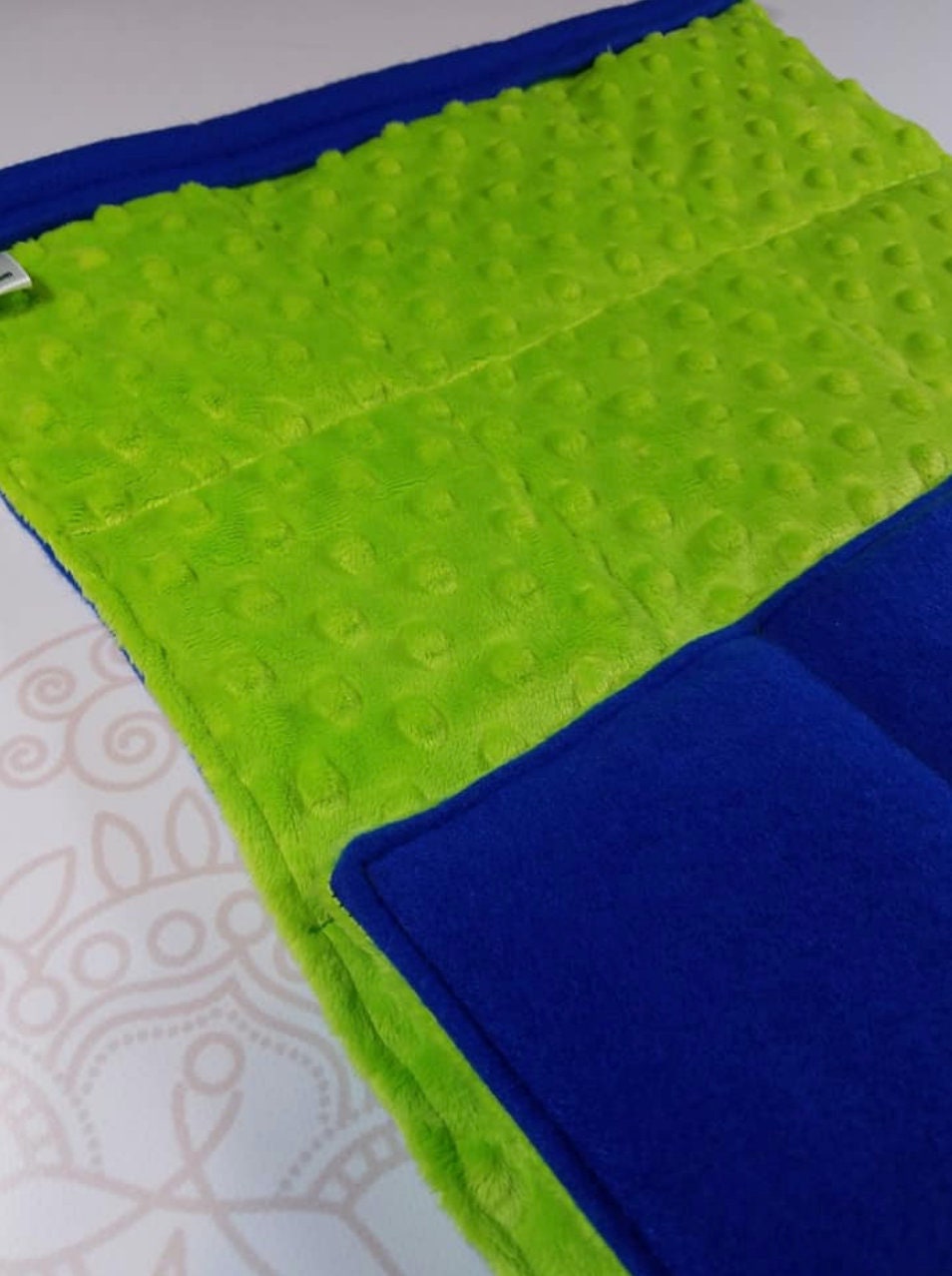 READY TO SHIP, Lime Minky Front, Royal Blue Fleece Back, Lap Pad/Weighted Blanket, 3 pounds