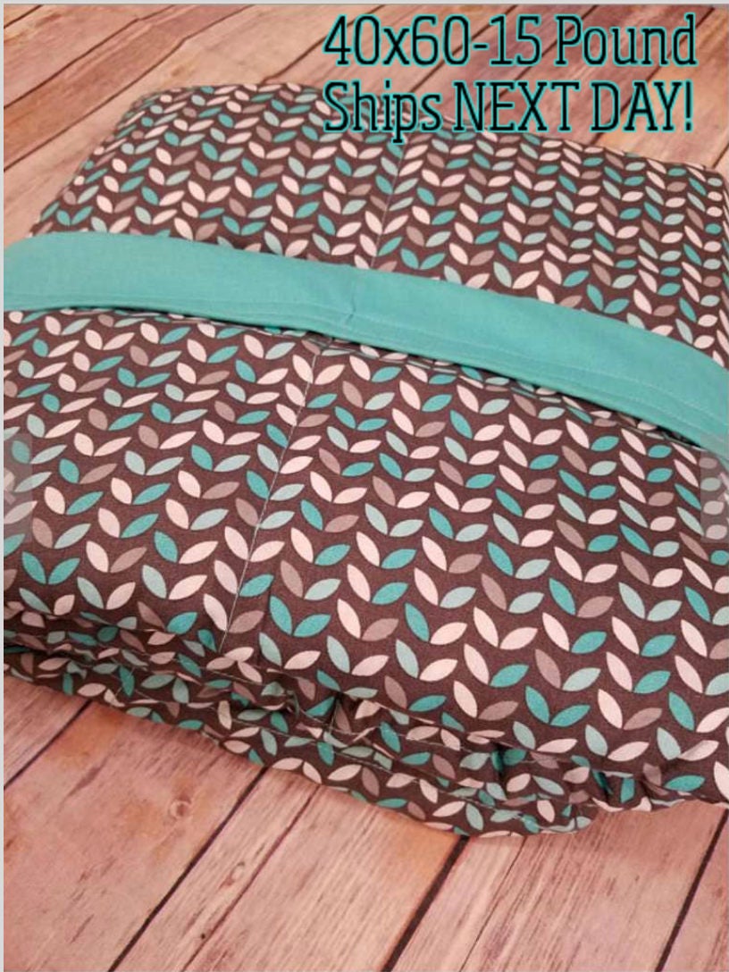 Weighted Blanket, 15 Pound, Mint Gray Leaves, Teal Back, 40x60, READY