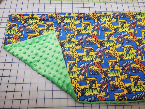 Weighted Lap Pad, Superhero Fabric with Lime Minky Back, 14x22 inches, 3 Pounds, Fidget Pad, Homework Pad, Sensory Companion