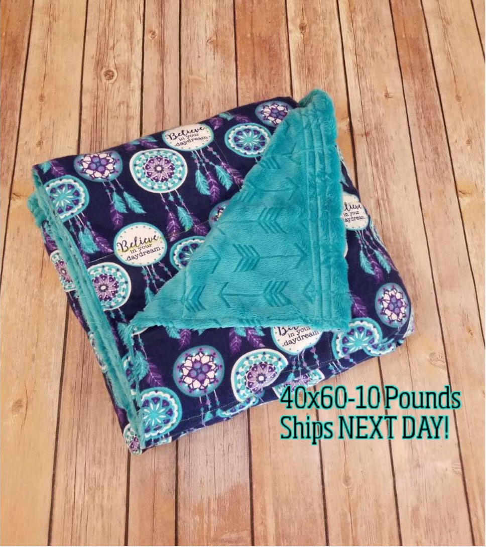 Weighted Blanket, 10 Pound, Dreamcatcher, Teal Embossed Minky, 40x60