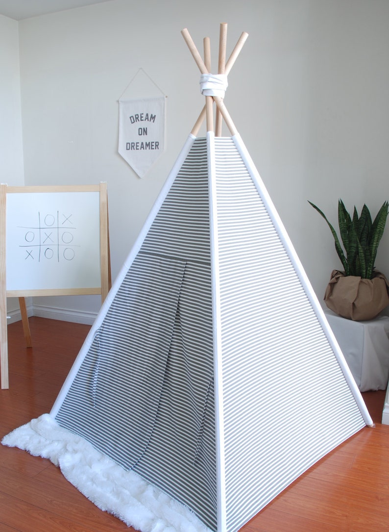 Grey and White Stripe Canvas Teepee, Play Tent, Kids Teepee, Childrens Teepee, Teepee Tent, Tipi, Stripe Teepee image 3