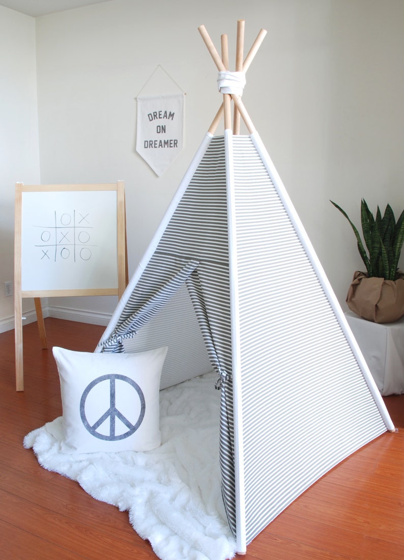 Grey and White Stripe Canvas Teepee, Play Tent, Kids Teepee, Childrens Teepee, Teepee Tent, Tipi, Stripe Teepee image 1