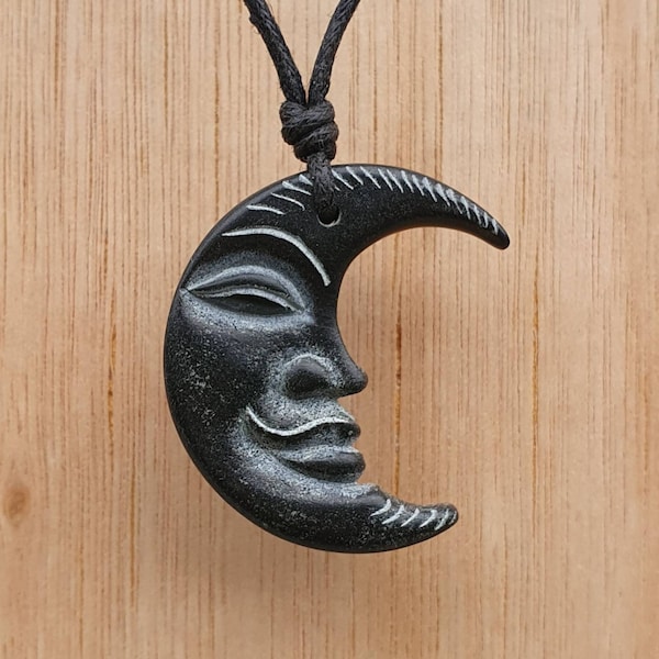 Moon Face Pendant | Crescent Moon Face Charm Necklace | Sympol Of Moon Goddess | Hand Carved Natural Stone Unisex Spritual Pagon Jewellery