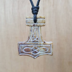 Thor&#39;s Hammer Pendant | Mjolnir Symbol Necklace | Viking Jewellery | Norse Mythology Thunder God | Hand-Carved From Natural Stone By Myself