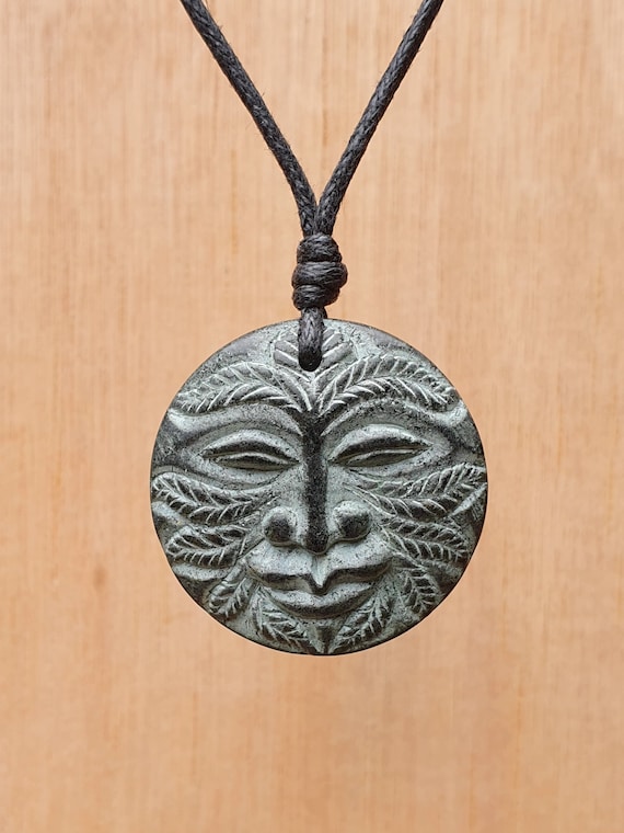 Green Man Pendant | Celtic God of Forest Symbol | Handmsde Unique Necklace Jewelry | Talisman Charm | Hand-Carved Myself From Natural Stone