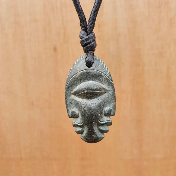 Face Pendant | Double Sided Face Necklace | Hand Carved Stone Spritu Jewelry | All Seeing Eye Symbol | Protection And Good Luck Talisman |