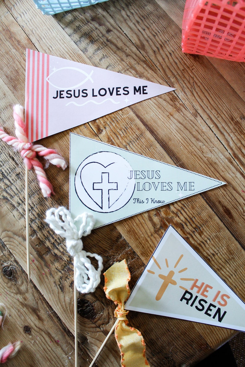 Easter Pennant Flag 5 Printable Downloads Easter Party Jesus Easter Easter Basket Christian Easter Party Flags Jesus Loves Me image 2