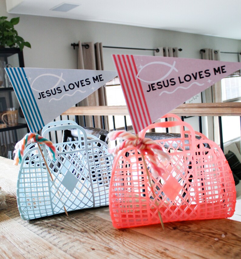 Easter Pennant Flag 5 Printable Downloads Easter Party Jesus Easter Easter Basket Christian Easter Party Flags Jesus Loves Me image 1