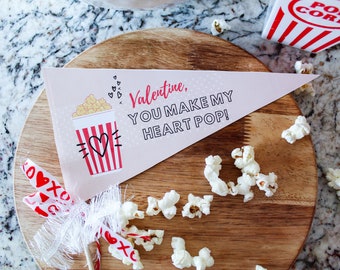 Popcorn Themed Valentine Pennant Flag - You Make My Heart POP - Printable Download for Teacher Gifts and School Valentines - Galentines