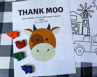 Farm Themed Coloring Pages - Printable Party Favors for Kids - Thank MOO for Coming to My Party - Barn Themed Birthday -