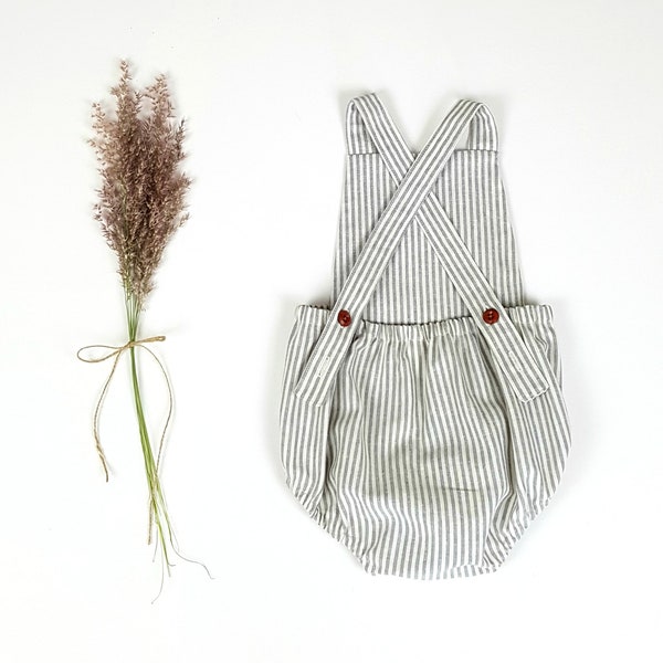 Grey Striped Linen Baby Romper - Baby Boy Coming Home Outfit - Boho Baby Romper - Baby Shower Gift - Baby Girl Linen Playsuit