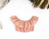 Blush Pink Linen Girls Crop Top - Toddler Off Shoulder Top - Tween Boho Midriff Shirt