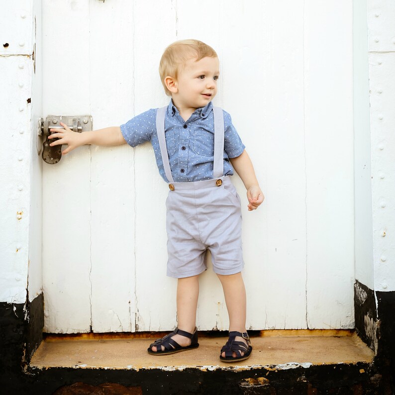Grey Linen Page Boy Outfit Toddler Boys Suspender Shorts Etsy