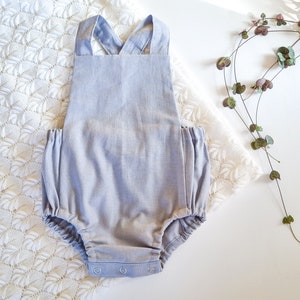 Grey Linen Baby Romper, Baby Boy Coming Home Outfit, Boho Baby Romper, Baby Shower Gift, Baby Girl Linen Playsuit image 1