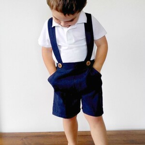 Boys Suspender Shorts Navy Blue Linen Page Boy Wedding Outfit Navy Ring Bearer Outfit Baby Coming Home Outfit Toddler Formal Wear image 3
