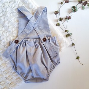 Grey Linen Baby Romper, Baby Boy Coming Home Outfit, Boho Baby Romper, Baby Shower Gift, Baby Girl Linen Playsuit image 2