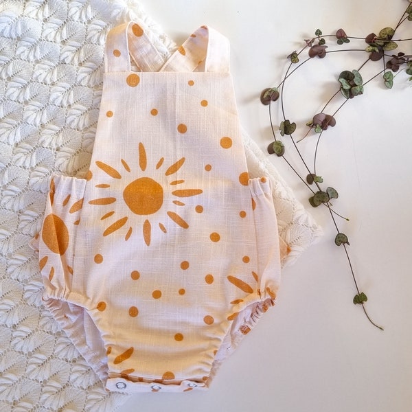 Sun and Spots Mustard and Ivory Baby Romper, Textured Cotton Baby Suit with Sun Ray Print, Newborn Coming Home Outfit, New Baby Gift