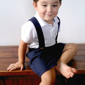 Boys Suspender Shorts Navy Blue Linen Page Boy Wedding Outfit Navy Ring Bearer Outfit Baby Coming Home Outfit Toddler Formal Wear image 5