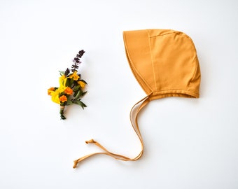 Mustard Baby Sun Bonnet, Baby Sun Hat, Little Girls Bonnet with sun brim, New Baby Gift, Christening Hat