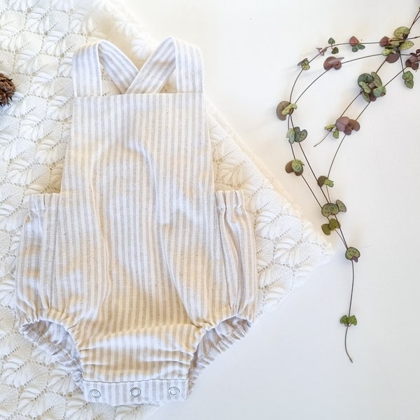 Natural and Cream Striped Linen Baby Romper, Baby Boy Coming Home Outfit, Boho Baby Romper, Baby Shower Gift, Baby Girl Linen Playsuit