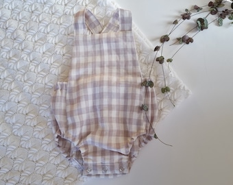 Mocha and Ivory Gingham Linen Baby Romper, Neutral Tone Check Baby Outfit, Gender Neutral Baby Gift, Birth Announcement Outfit