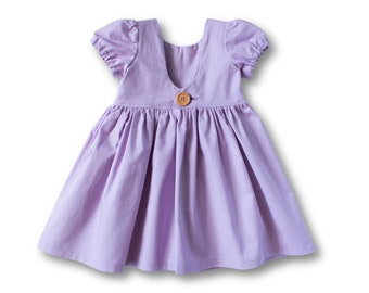 Girls Lavender Dress with Scoop Back, Purple Toddler Dress, Puff Sleeve Summer Dress with Button Back