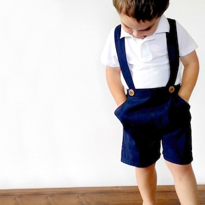 Boys Suspender Shorts Navy Blue Linen Page Boy Wedding Outfit Navy Ring Bearer Outfit Baby Coming Home Outfit Toddler Formal Wear image 1