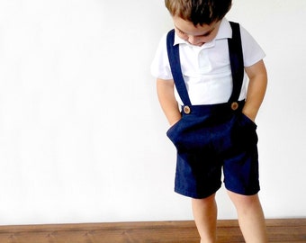 Boys Suspender Shorts Navy Blue Linen - Page Boy Wedding Outfit - Navy Ring Bearer Outfit - Baby Coming Home Outfit- Toddler Formal Wear