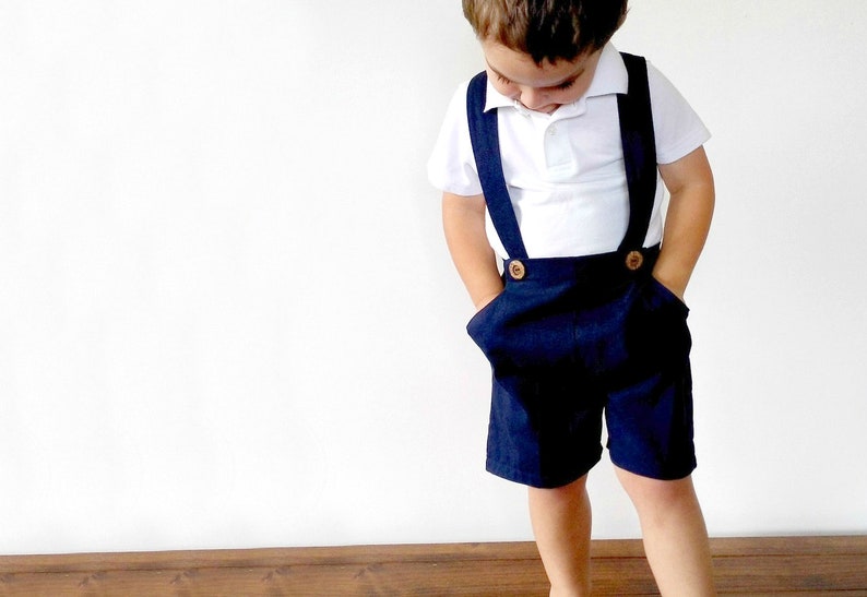 Boys Suspender Shorts Navy Blue Linen Page Boy Wedding Outfit Navy Ring Bearer Outfit Baby Coming Home Outfit Toddler Formal Wear image 1