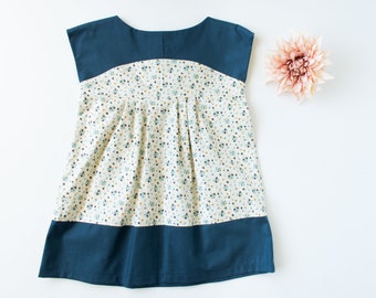 Girls Floral Colour Block Dress, Blue Floral Toddler Dress, Flour Sack Dress, Cap Sleeves with Pintuck Skirt