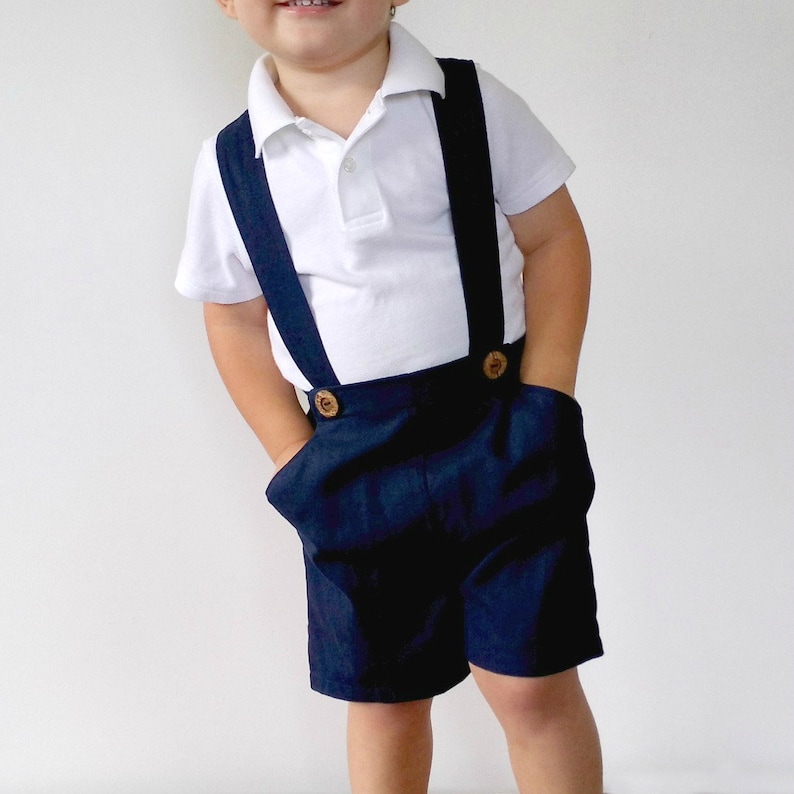 Boys Suspender Shorts Navy Blue Linen Page Boy Wedding Outfit Navy Ring Bearer Outfit Baby Coming Home Outfit Toddler Formal Wear image 2