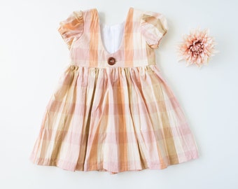 Girls Scoop Back Check Dress, Pastel Gingham Toddler Dress, Button back puff sleeve summer dress