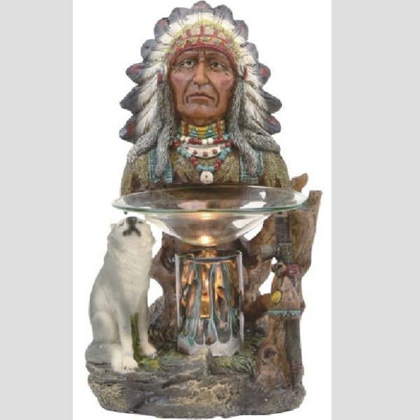 Native American & Grey Wolf Fragrance Aroma Lamp Oil Diffuser Wax Warmer Burner Home Decor Electric Polyresin Table Lamp Gift Ideas For All