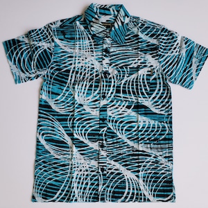 Delitak Mens Lines Batik Shirt, Blue, Black, and White, Free US Shipping