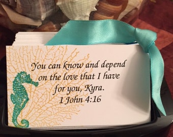 100 Deluxe Hand-Stamped Personalized Scripture Cards/He Knows Your Name and Speaks to You By Name: Seahorse