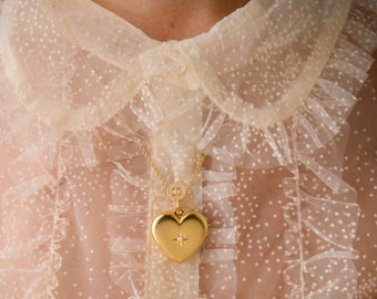 Gold Heart Locket Necklace with Crystal Star - Matte Gold - Locket Necklace - Valentine - Ready to Shp